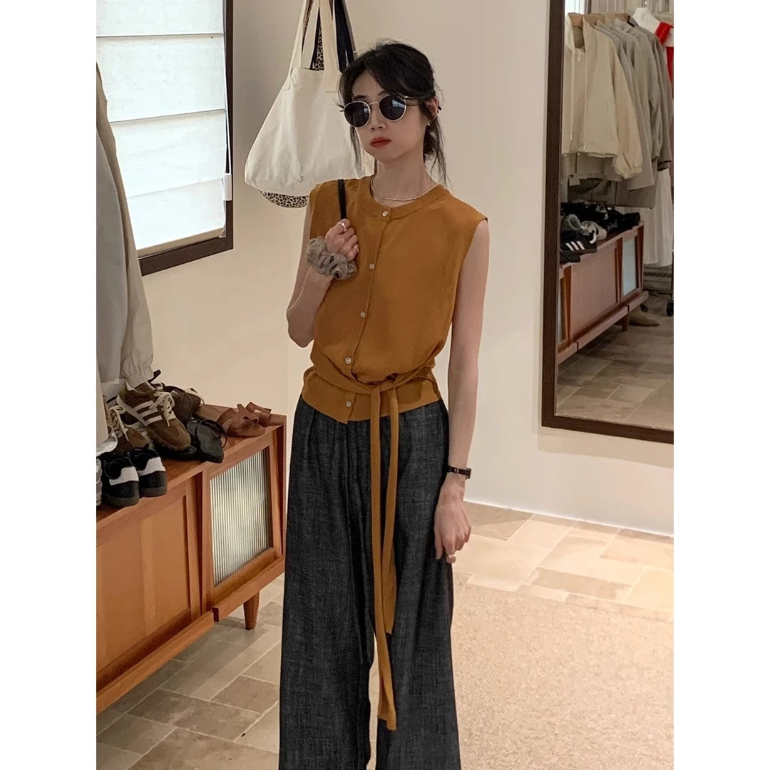 韩系针织无袖马甲女夏季新款开衫气质百搭坎肩背心别致绑带小上衣