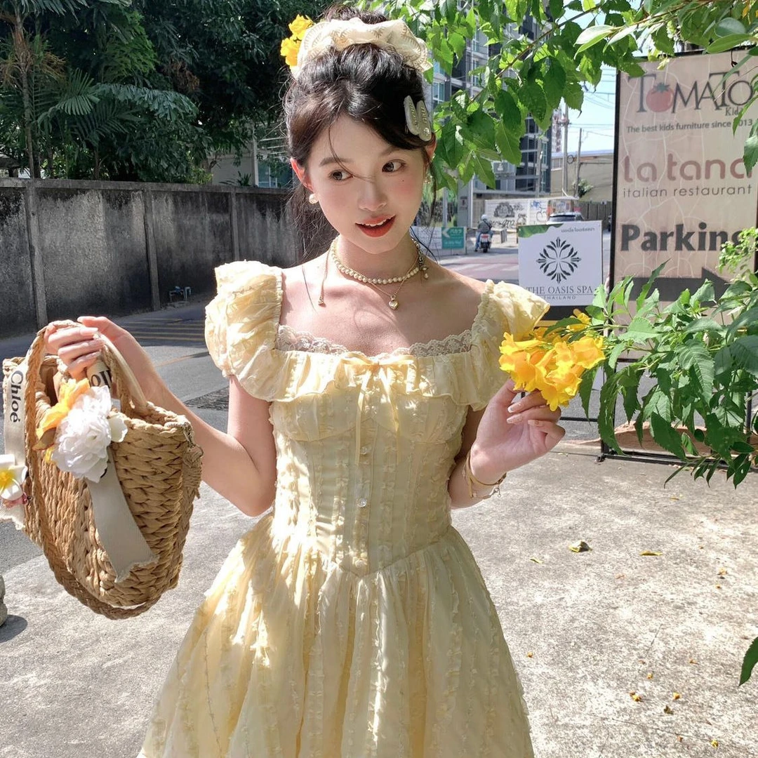 法式少女超仙温柔风蛋糕裙女夏季新款清新甜美可爱修身显瘦连衣裙