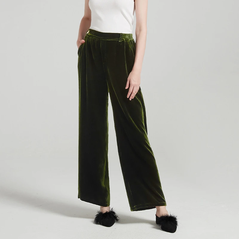 苏州蝶绣丝绸真丝丝绒直筒阔腿裤桑蚕丝女收腰秋冬加厚高腰长裤女