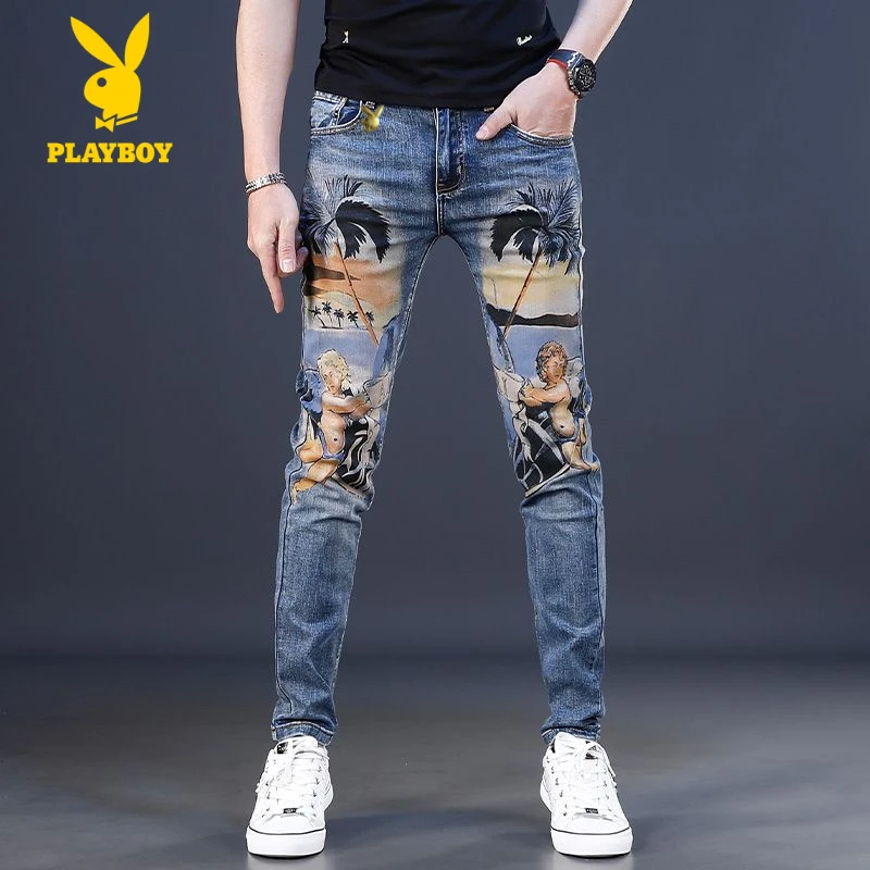 花花公子高端刺绣印花个性牛仔裤男士新款修身小脚弹力潮牌裤子