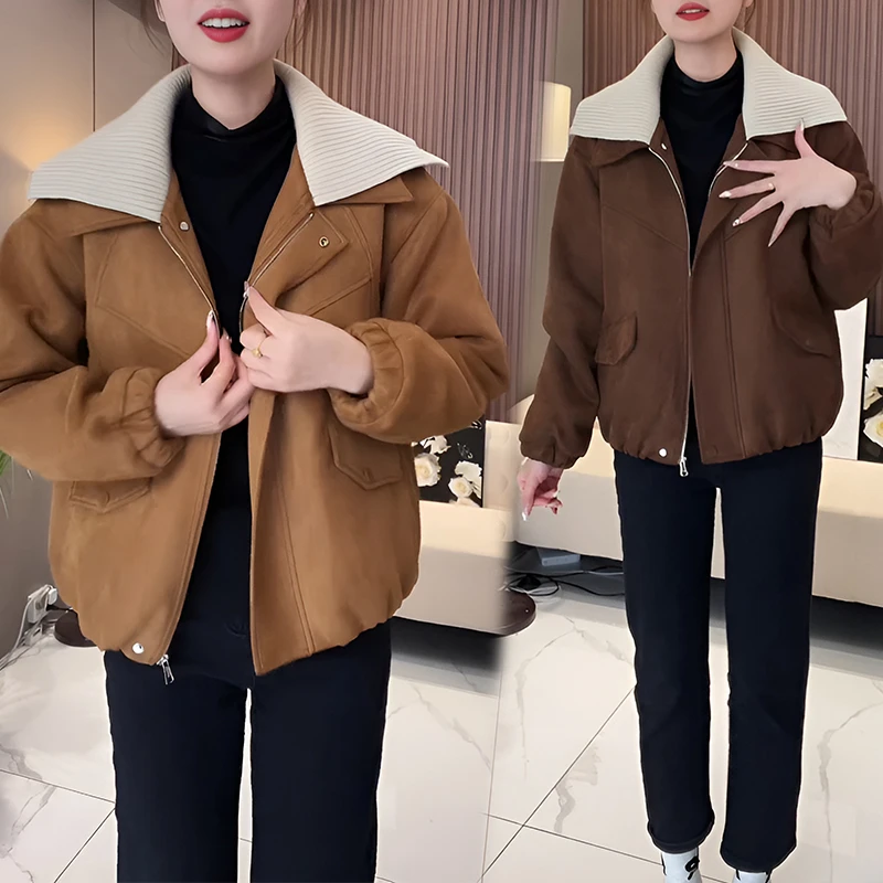 官图 翻领拼接撞色韩系加厚风衣夹克冬季新款休闲慵懒风工装外套