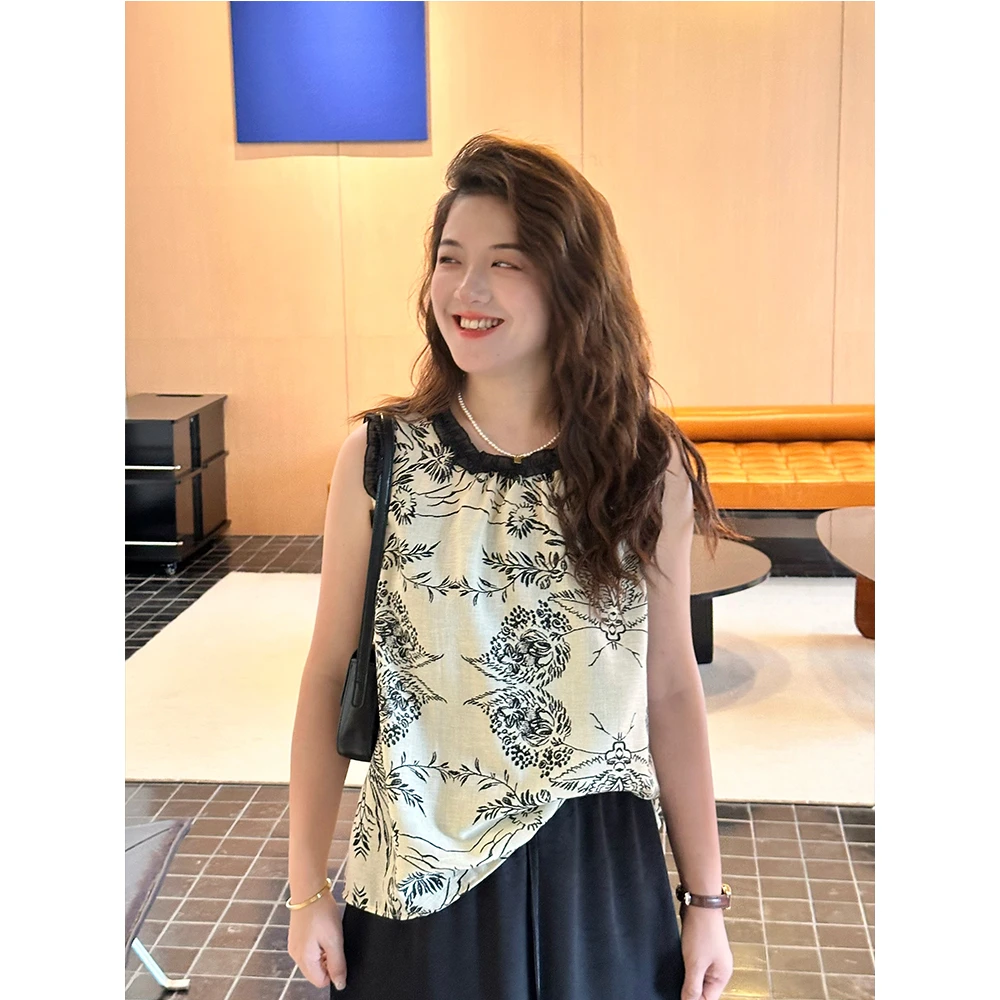 WenWen小个子复古印花圆领无袖衬衫荷叶边显瘦套头时尚上衣4025