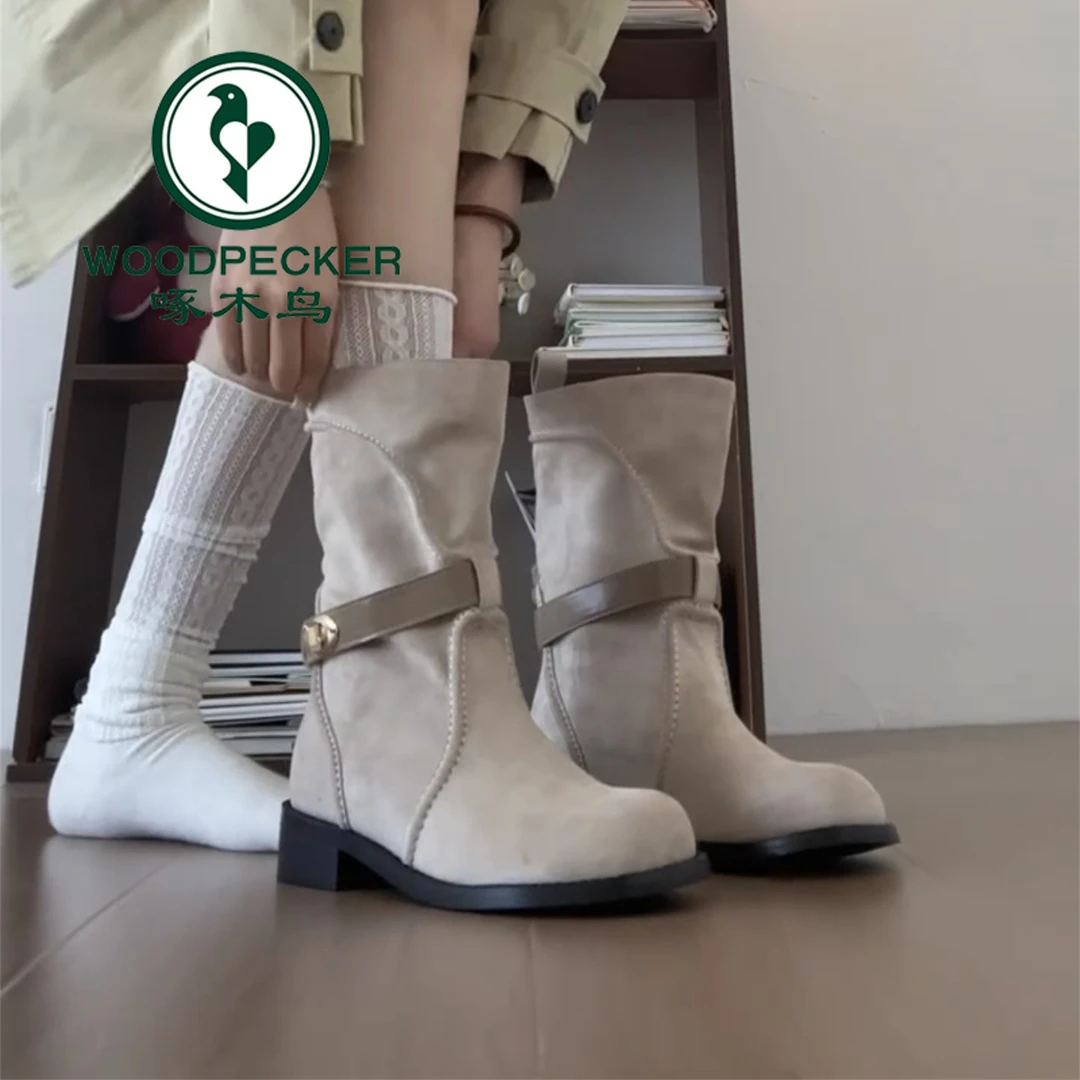 啄木鸟复古短靴女款2025新款秋季西部牛仔靴绒面马丁靴中筒骑士靴