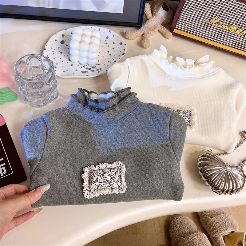 【慕斯暖绒】女童加绒时尚双层领木耳边森系百搭保暖长袖女宝打底衫