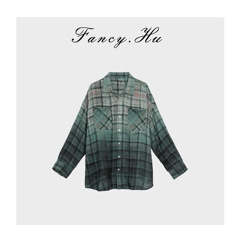 【Fancy.Hu】森林边缘 100棉翻领数码印花绿格宽松百搭衬衫FG260109