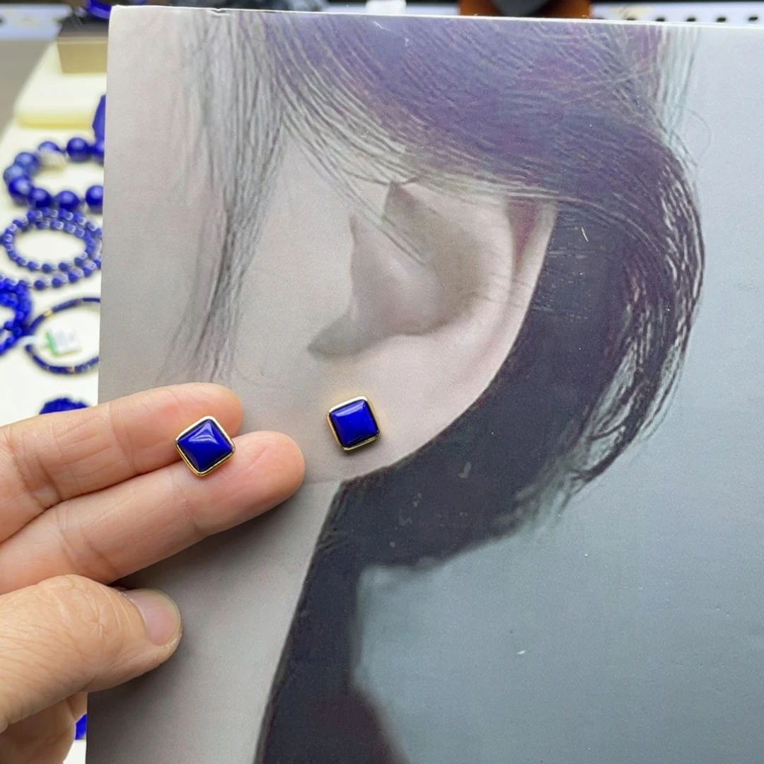 银S925镀金镶嵌青金石耳钉