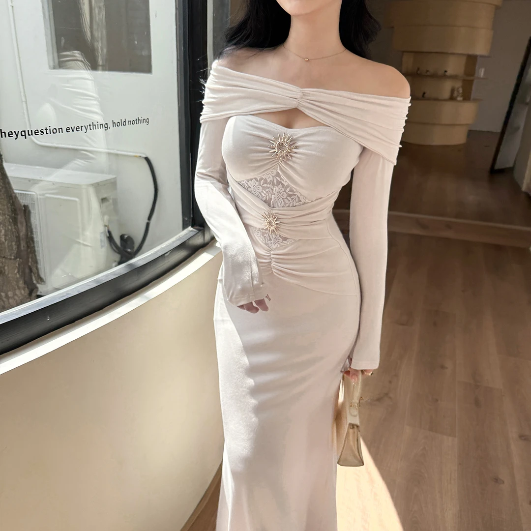 KaDaiShan 镂空长裙长袖一字肩抹胸连衣裙设计感女神气质礼服长裙