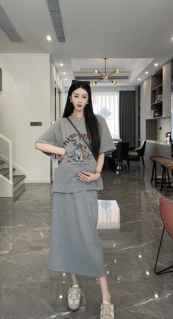 孕妇装孕妇装夏季新款慵懒风美式印花休闲T恤+半身裙套装