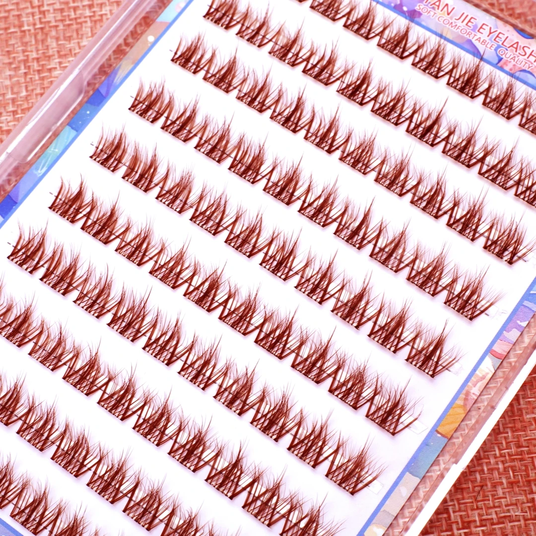 免胶水5d焦糖棕色透明梗假睫毛自粘爆款新手单簇卷翘分段式自然款