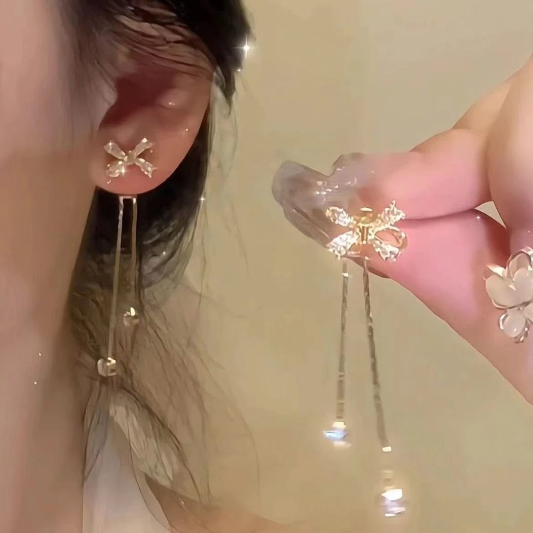 合金无非金属耳饰 气质蝴蝶结流苏耳环