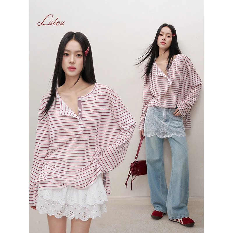 【雪宝专享】Liilou 25ss 松弛感 透感蕾丝拼接条纹罩衫