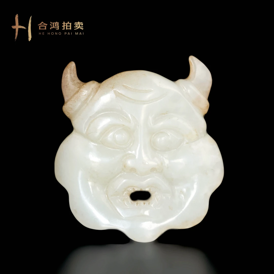 B002 明代 白玉红沁兽面挂件