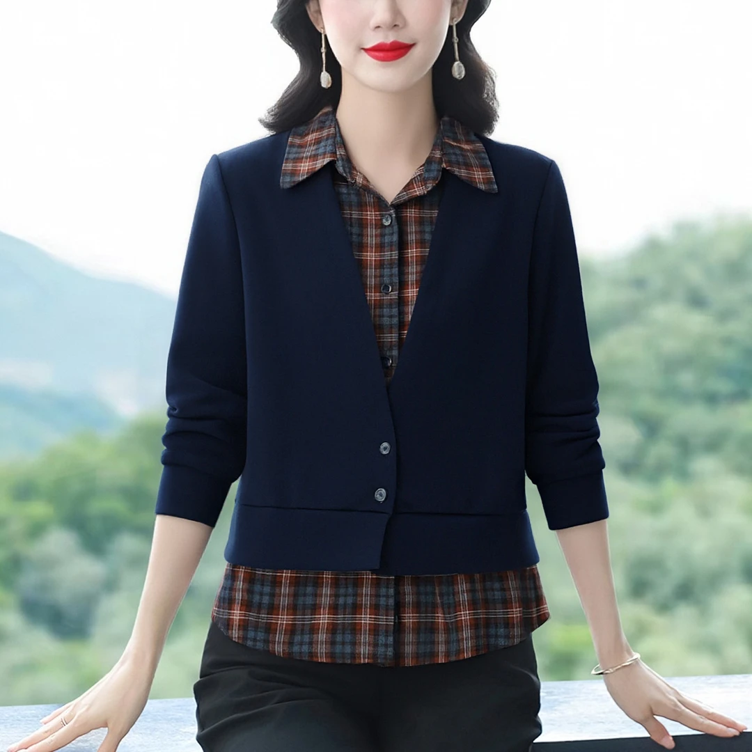 有货2026年春装新款假两件衬衫宽松遮肚上衣中年妈妈洋气休闲小衫