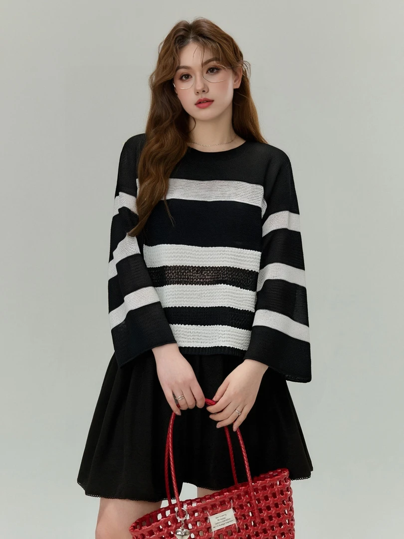 *大码女装圆领镂空外穿罩衫2024春胖mm宽松针织衫女条纹上衣22223