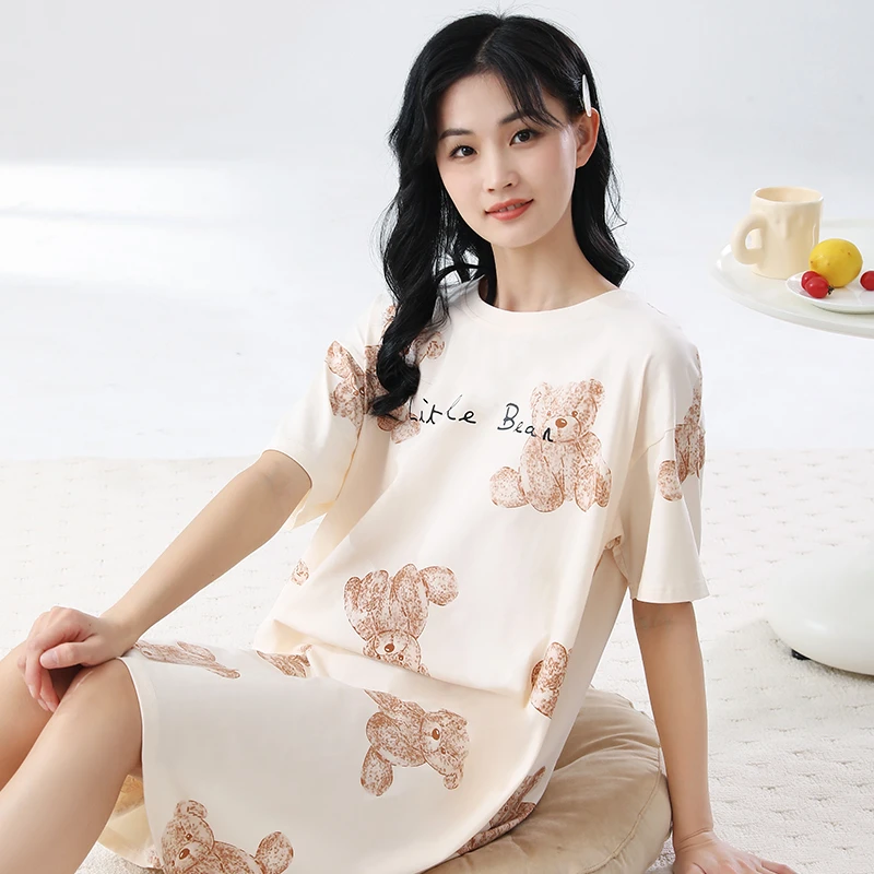 【带胸垫睡裙】紫色宽松可爱小熊短袖棉质裙装睡衣家居服夏季