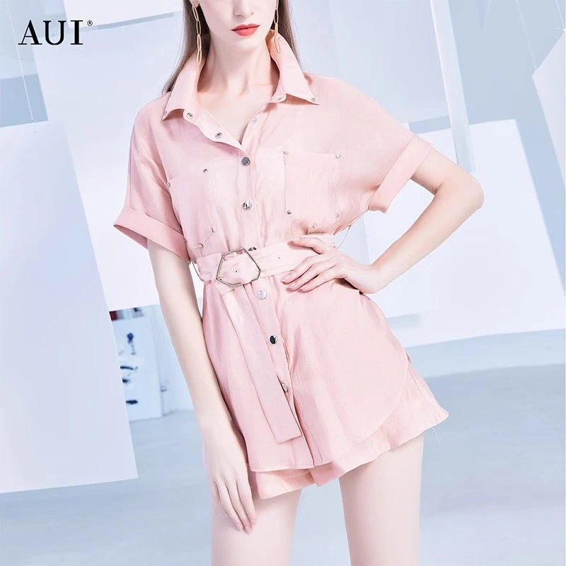 【诗语专属】AUI粉色气质减龄衬衫工装风休闲短裤两件套-21E028431