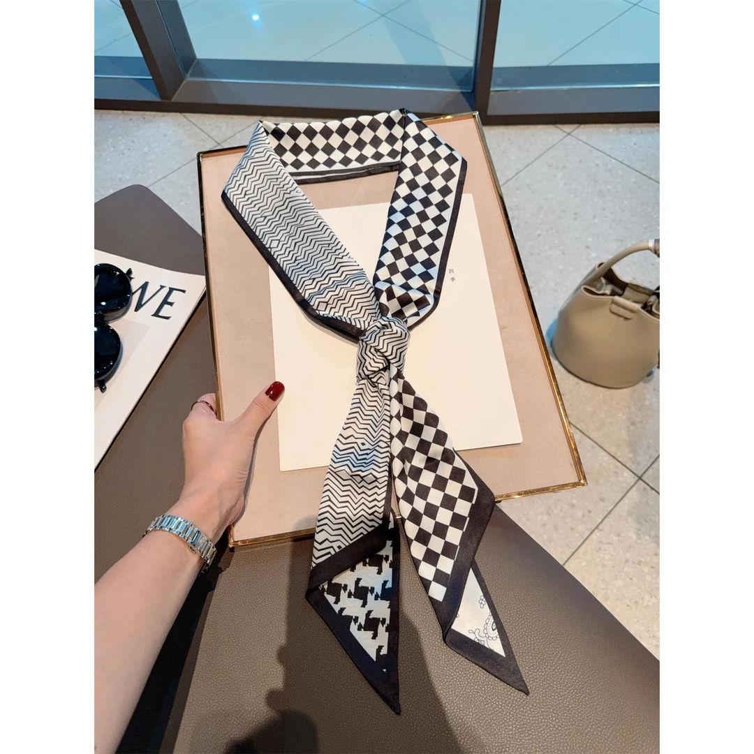 Miss both千鸟格飘带女春秋长条小丝巾职业装穿搭小领巾发带围巾
