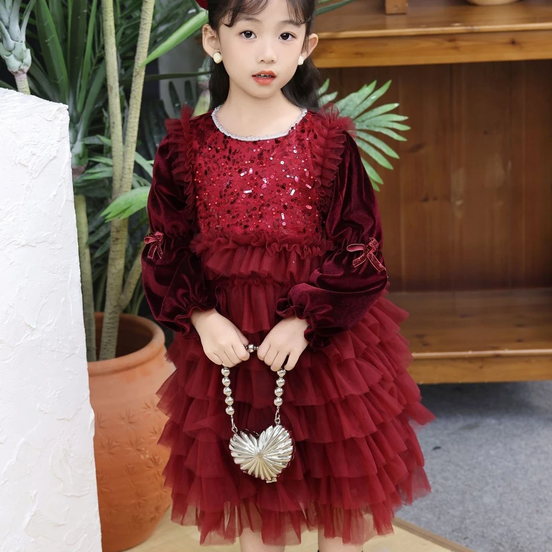 酒红色蛋糕裙连衣裙公主裙女童加绒冬季新款