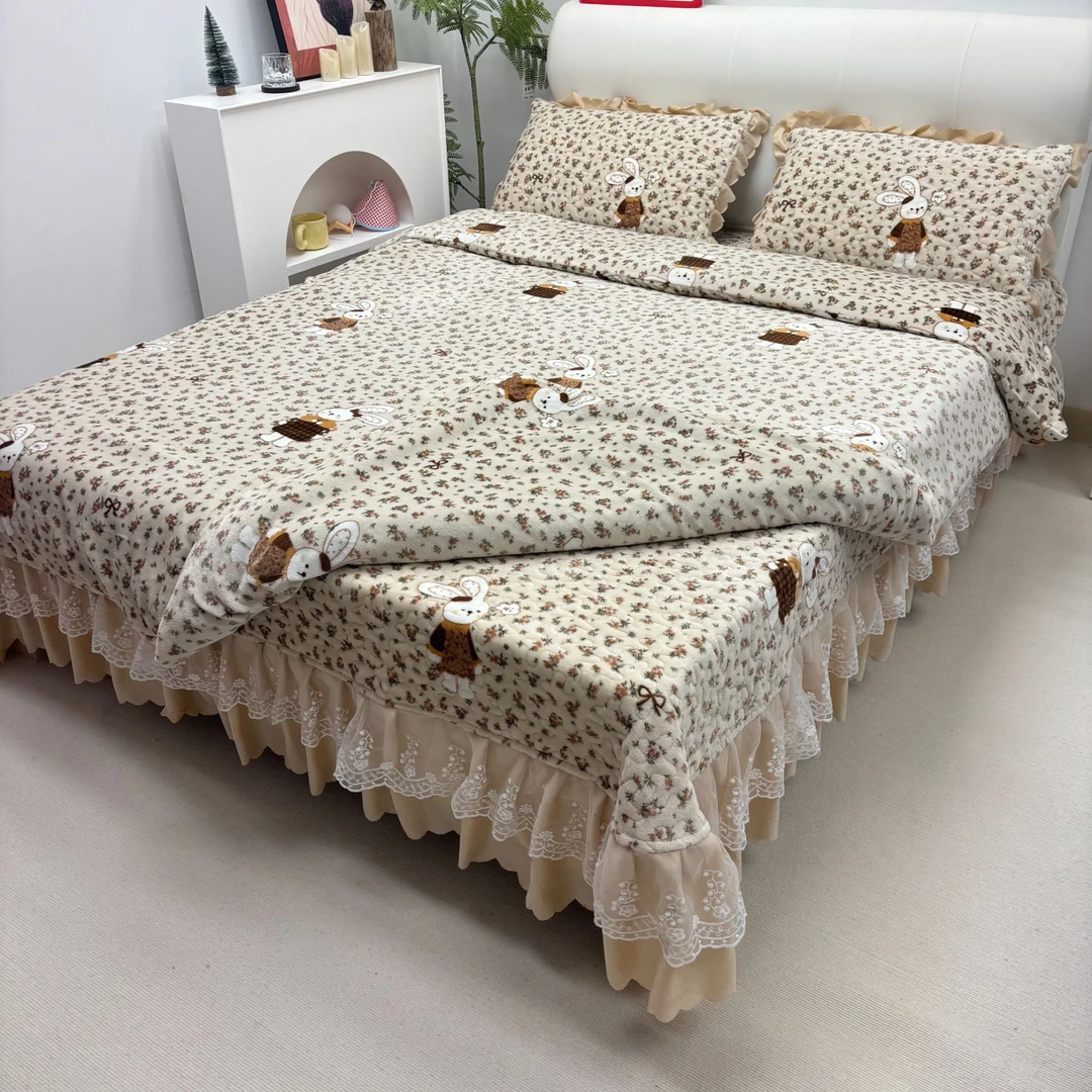 冬季加厚加密牛奶绒夹棉花边床盖四件套防滑不掉三件套毛抗静电