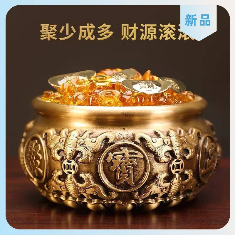 特大号复古黄铜八福聚宝盆手工工艺品高档居家铜玄关手工玄关