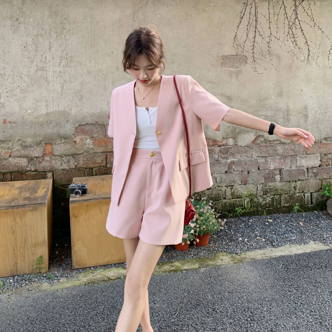粉色小香风薄款西装套装女夏两件套名媛气质盐系轻熟风御姐高级感