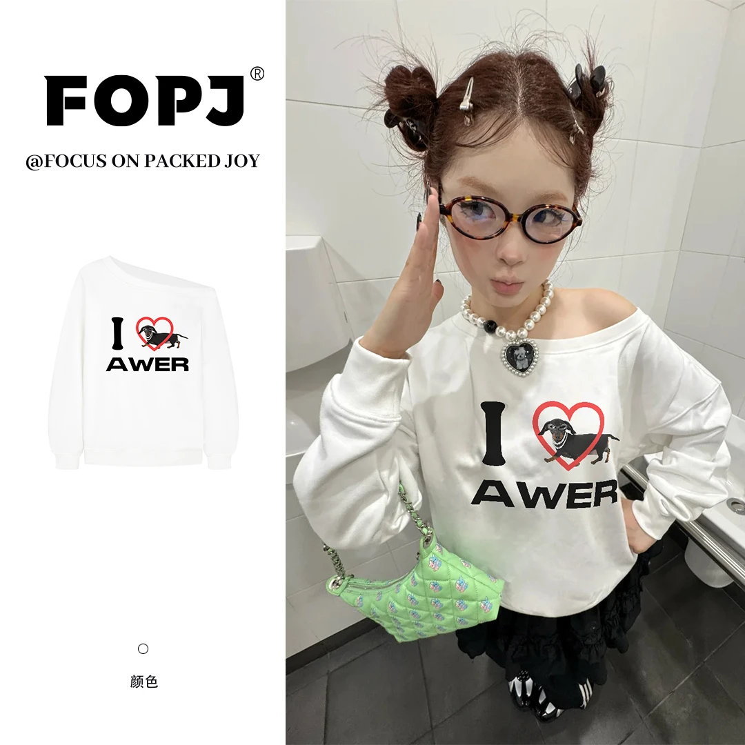 FOPJ早秋新款露肩长袖t恤女甜美纯欲风格衣服一字领舒适宽松卫衣
