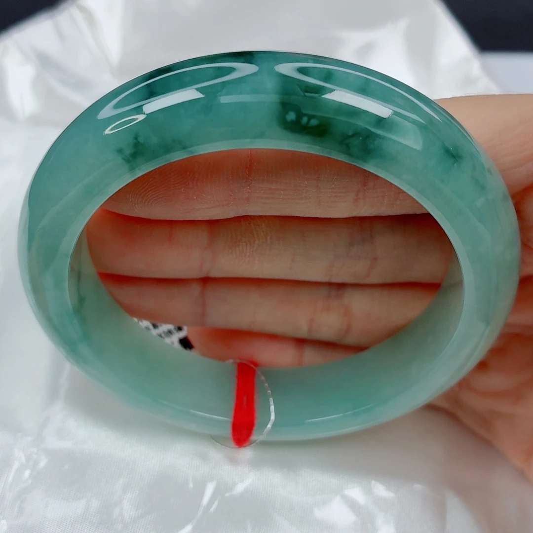 翡翠未镶嵌手镯57正圈，冰底胶润青蓝均匀，墨色花，037