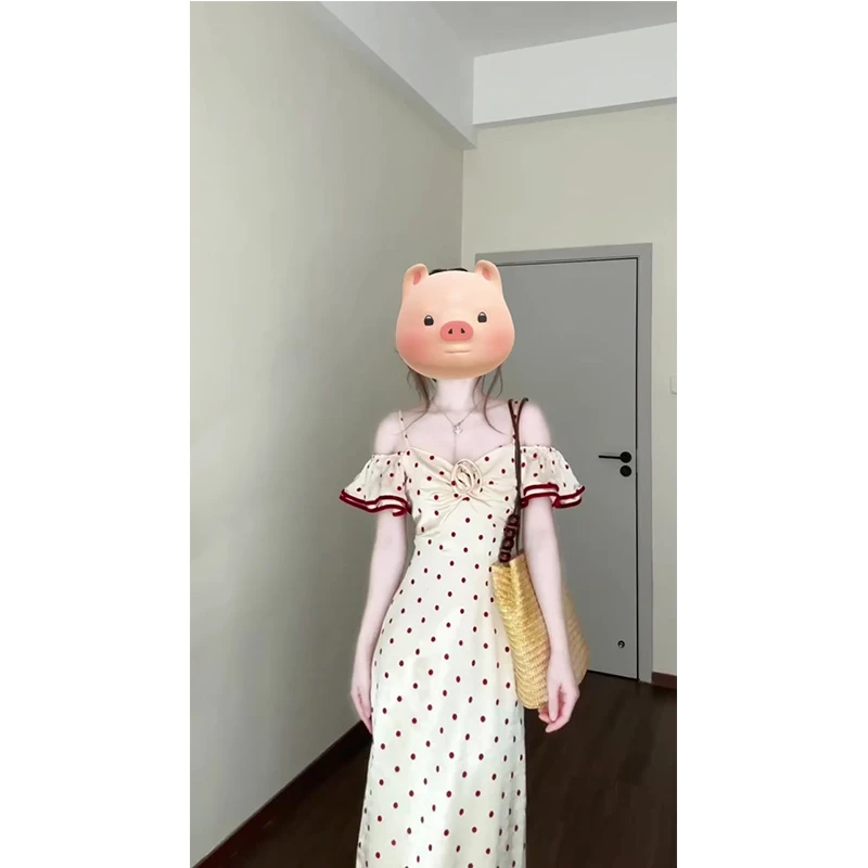 法式荷叶边一字肩红色波点连衣裙女夏季高级感收腰花朵礼服长裙子