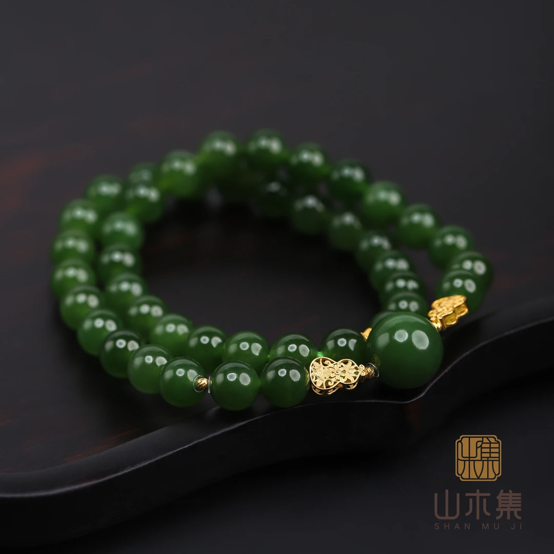 【福载阳】（18K金）菠菜绿0.8和田玉阳绿1.2葫芦双圈手串￥￥（多样性）