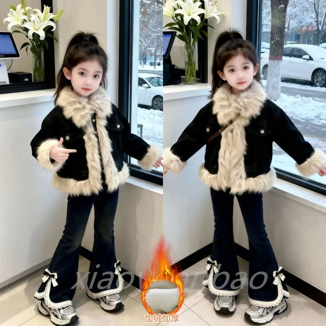 女童秋冬加绒套装2025新款韩系洋气时髦外套中大童一体绒喇叭裤潮