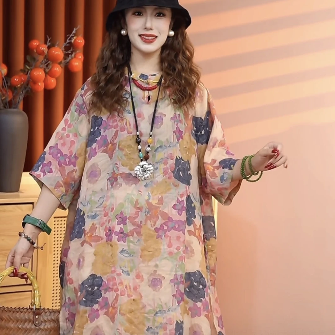 【“满分苎麻”】2025新款休闲百搭一字扣苎麻中长款女上衣70217