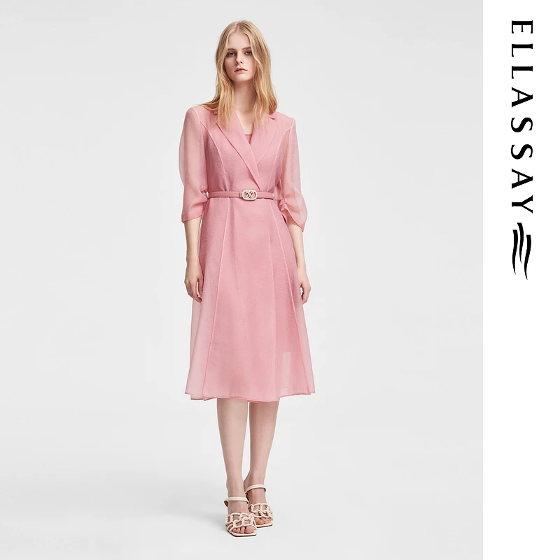 【粉黛玫瑰】歌力思新款水雾纱羽翼袖翻领连衣裙女EWF352Y14600