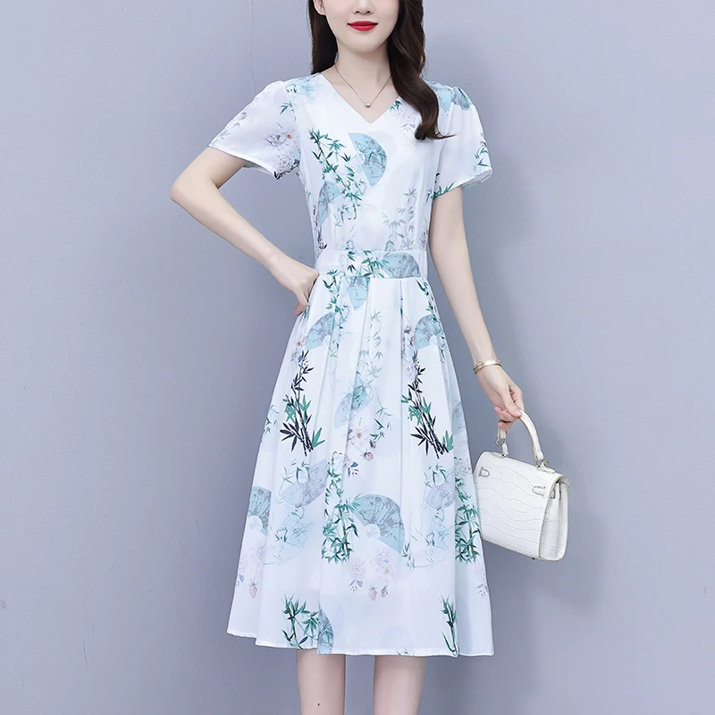 广州十三行印花真丝连衣裙女2025夏季新款中长款修身显瘦洋气裙子