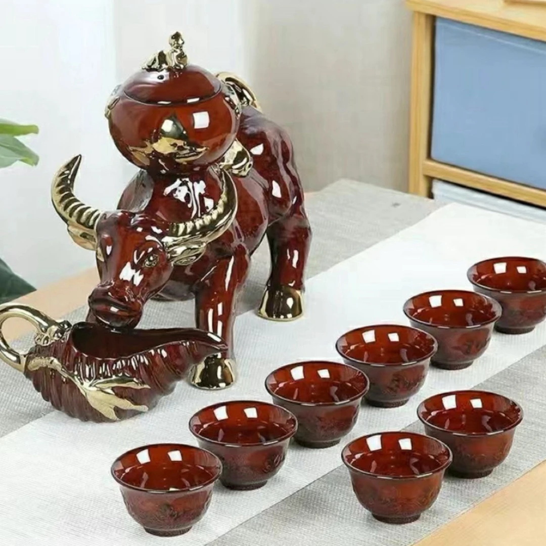 中国红牛气冲天陶瓷茶具套装中式旋转家用办公室高端茶器功夫茶具