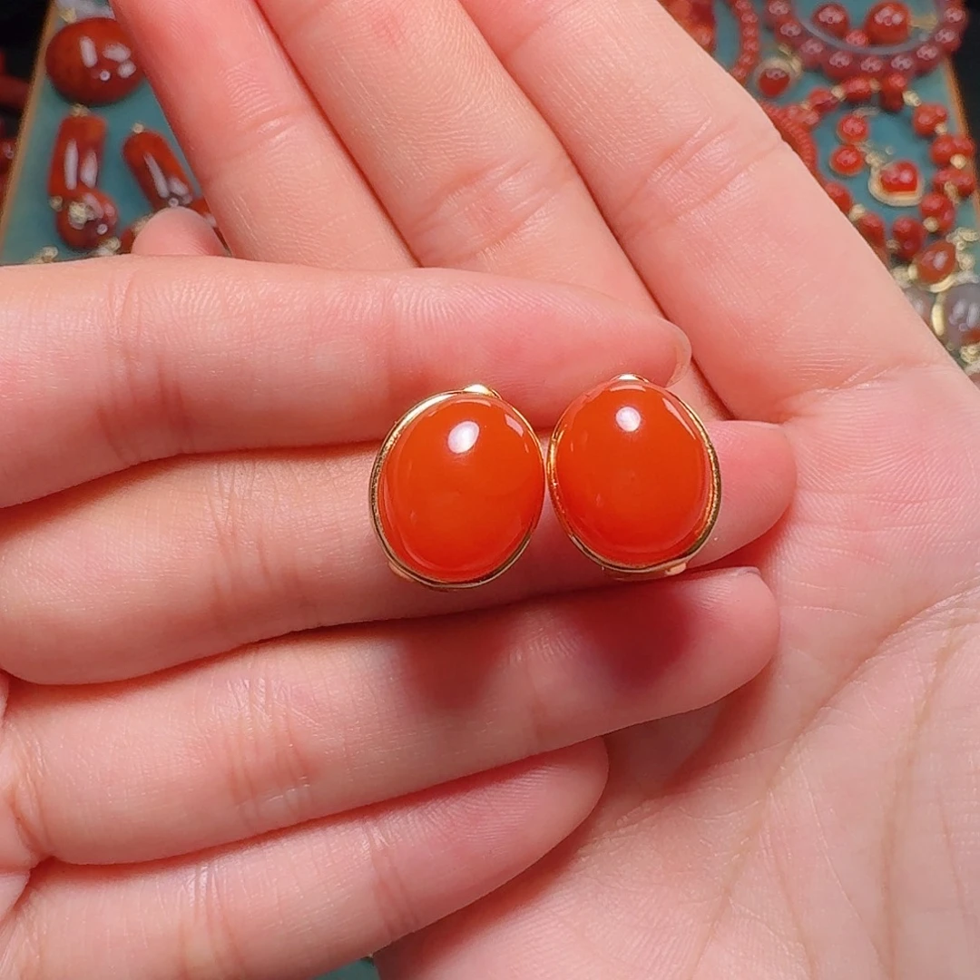 南红玛瑙银S925镶嵌耳饰