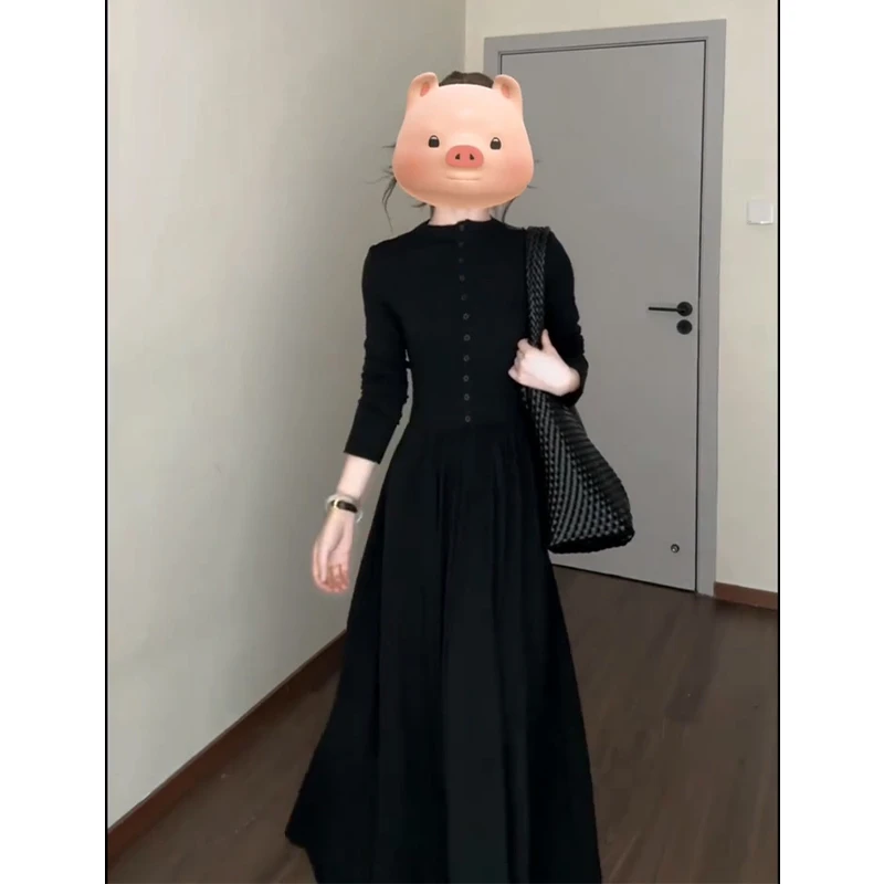 设计感圆领连衣裙女2025早秋新款韩系穿搭收腰显瘦长袖中长款裙子