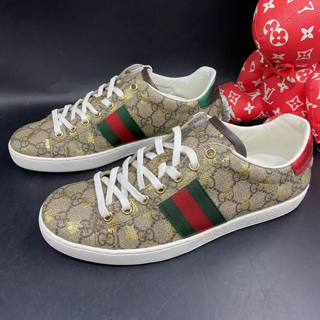 95新 GUCCI/古驰 棕老花烫金小蜜蜂舒适板鞋38欧码