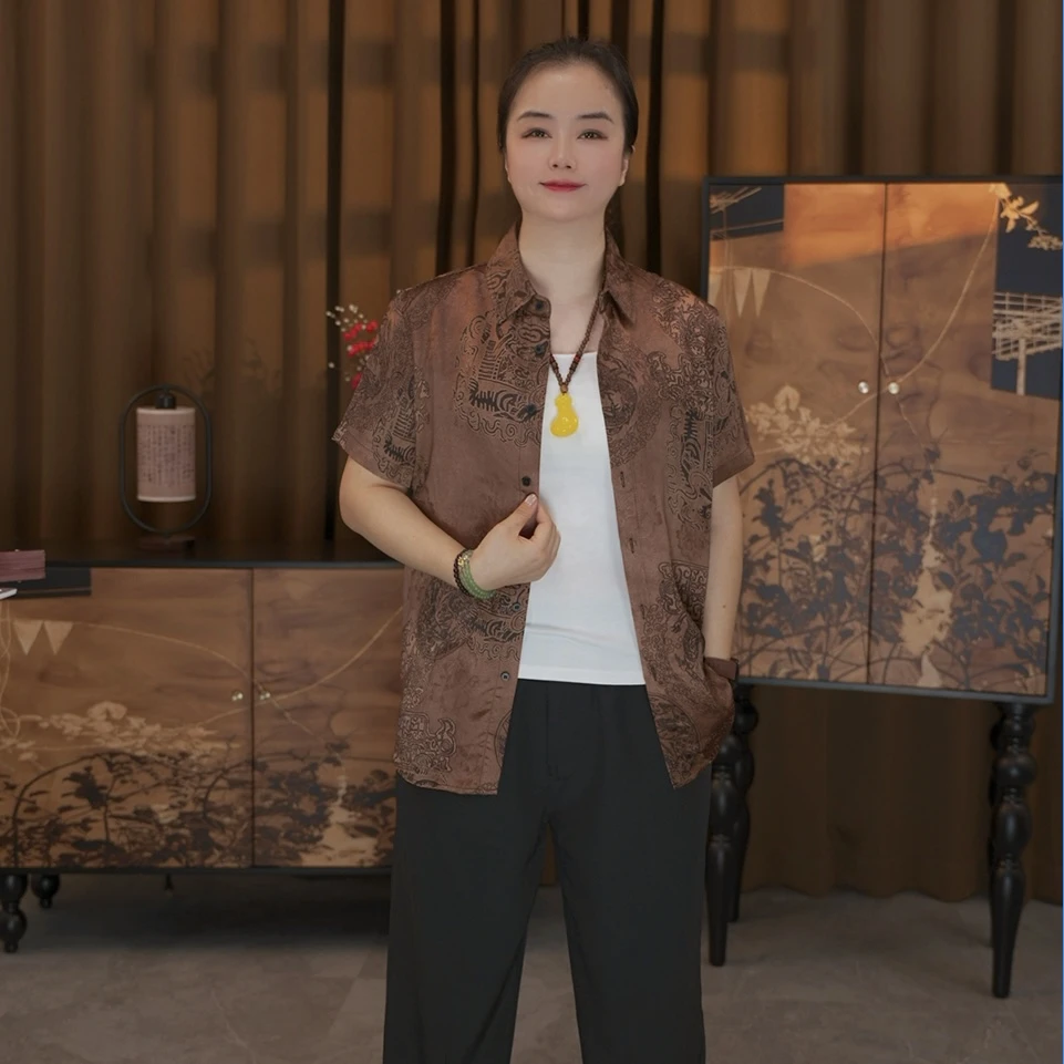 【香云纱油皮老料】男士夏季休闲薄款中国风短袖透气吸汗桑蚕丝衬衫