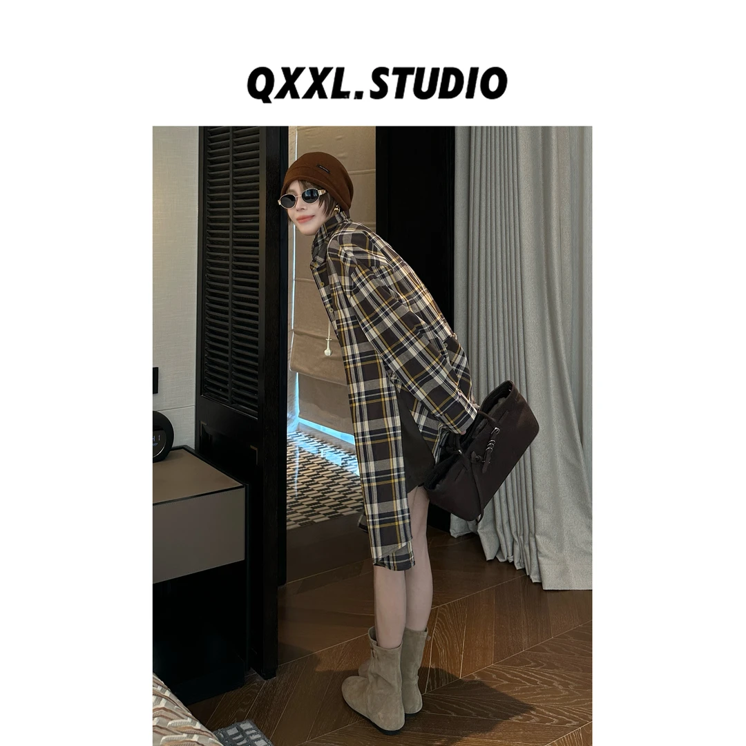 邱小小丽呀 早秋复古撞色格纹廓形衬衫女宽松显瘦中长款开衫衬衣