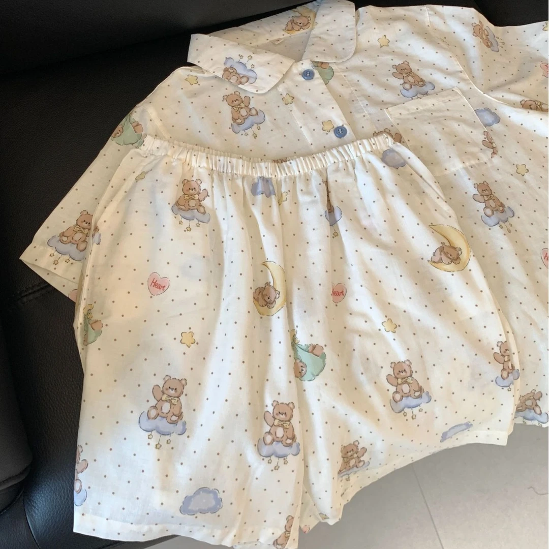 【A类全棉双层纱】波点小樱桃城堡花园小兔翻领套装