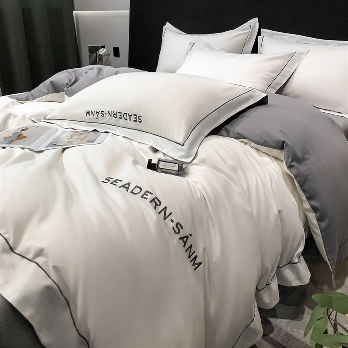 2025新款60支长绒棉刺绣四件套轻奢床上用品床单简约加厚纯色单人