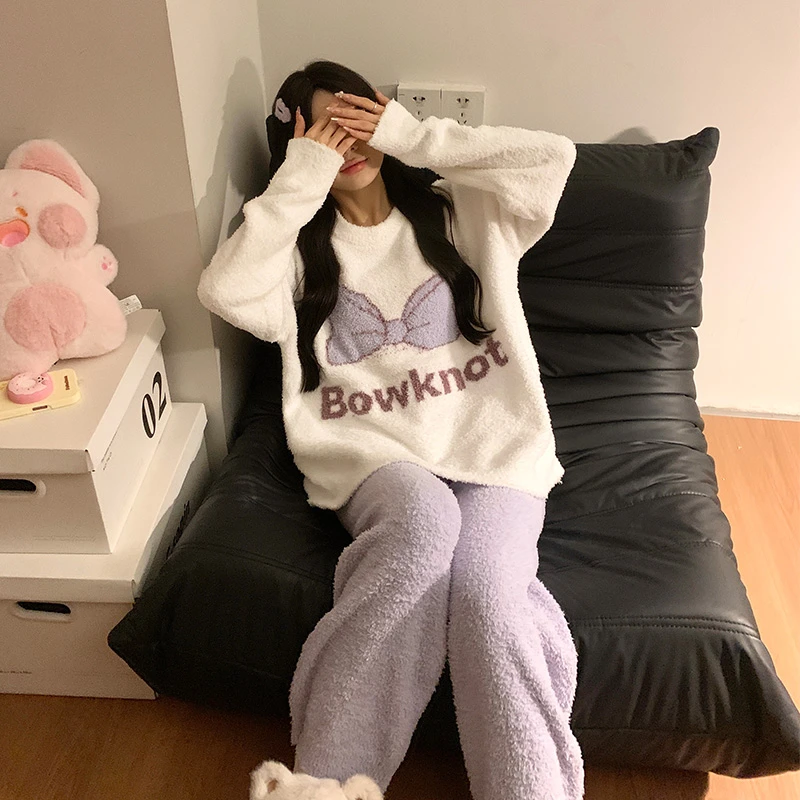 可爱蝴蝶结半边绒睡衣女秋冬季2025新款珊瑚绒加绒加厚家居服冬天