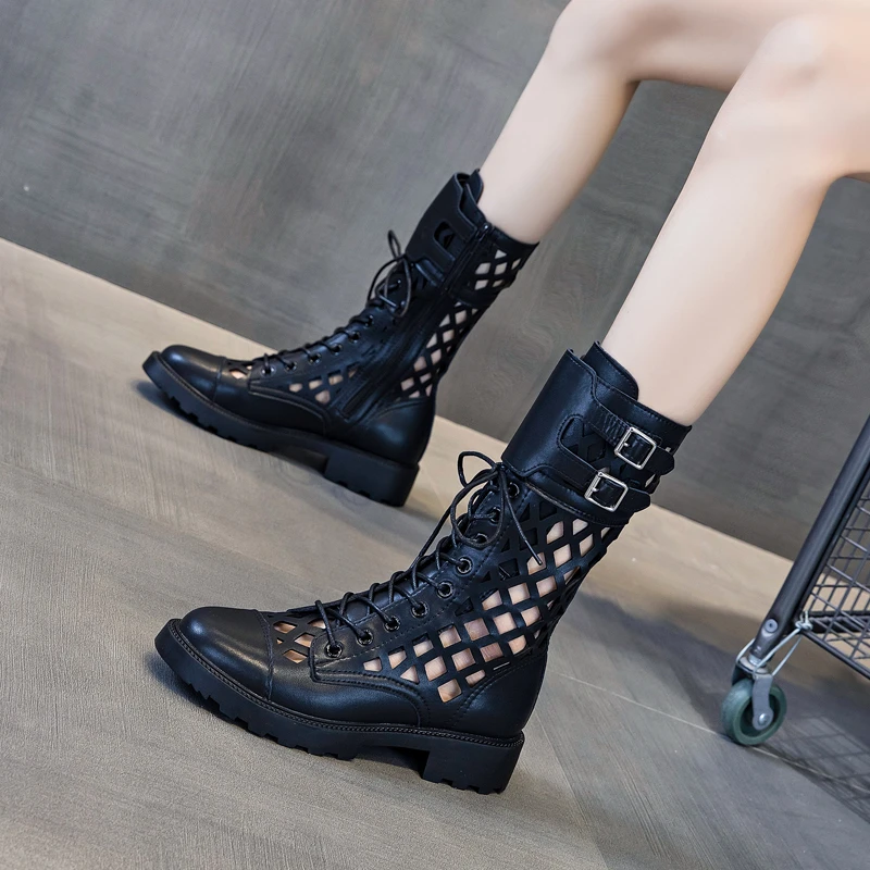 镂空马丁靴女2025夏季新款透气黑色英伦风凉靴中筒夏薄款真皮短靴
