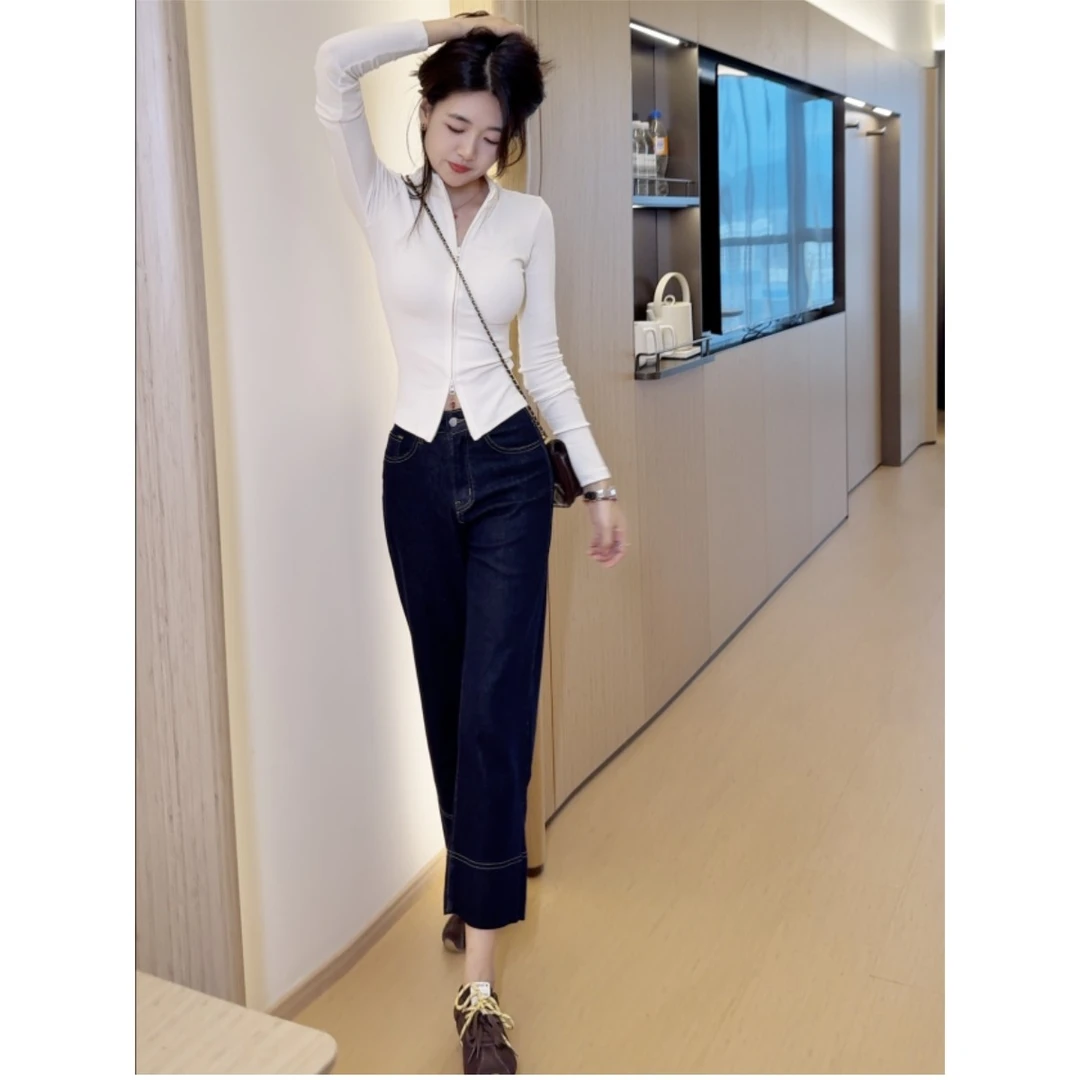 白色长袖t恤女法式新款春秋打底拉链开衫外套上衣牛仔裤两件套装