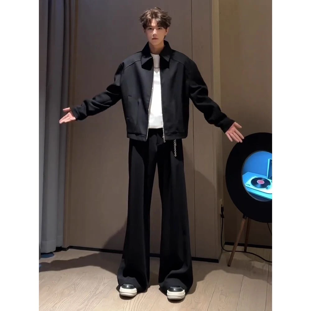 黑色cleanfit阔腿西裤男款秋冬痞帅高级感加绒裤子显腿长西装裤潮