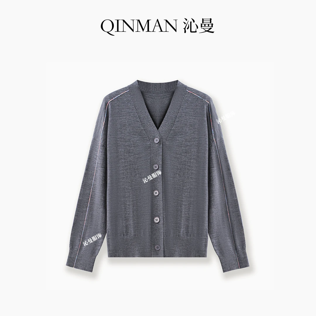 沁曼88212 100%可机洗精纺羊毛宽松长袖开衫针织衫女春季新款