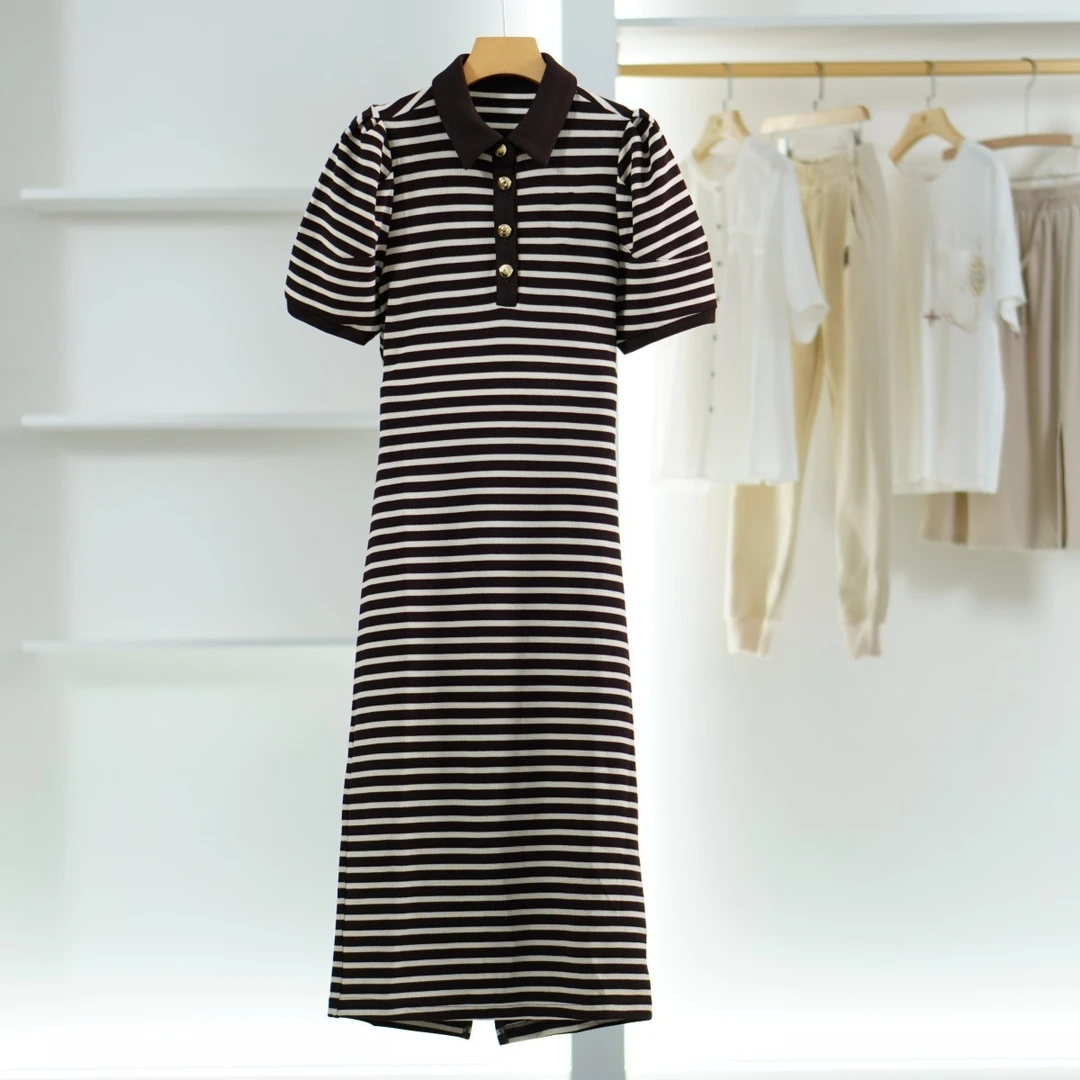 【小黑南油】Y059  女装时尚气质条纹短袖连衣裙咖色8812