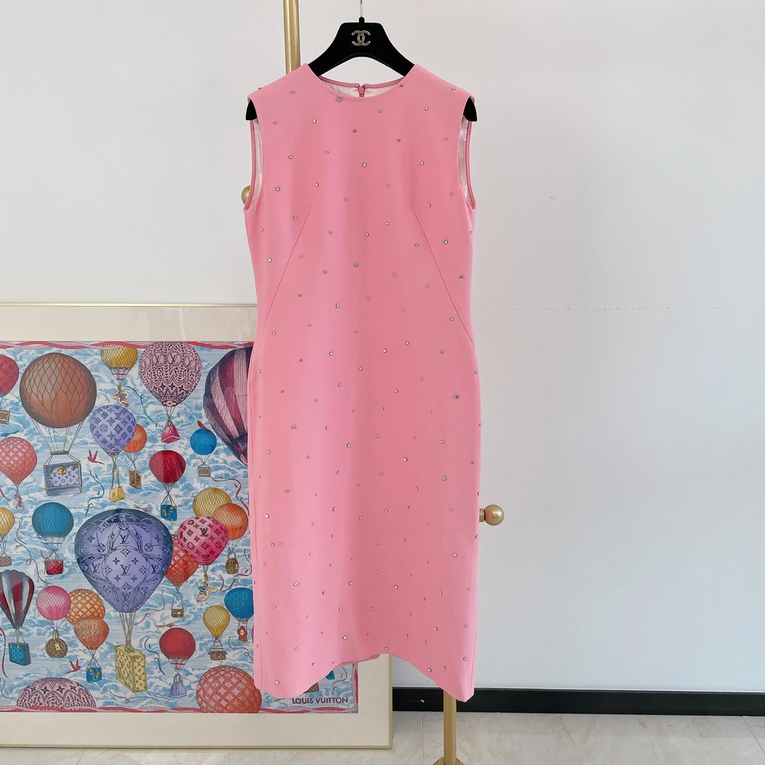 95新 MIU MIU/缪缪 粉色无袖水晶连衣裙 42码/68448309