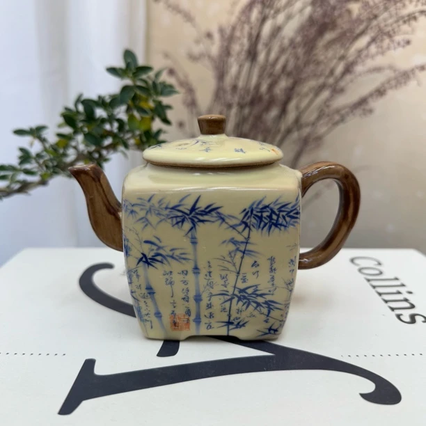 黄汝窑竹子四方壶开片200cc无礼盒