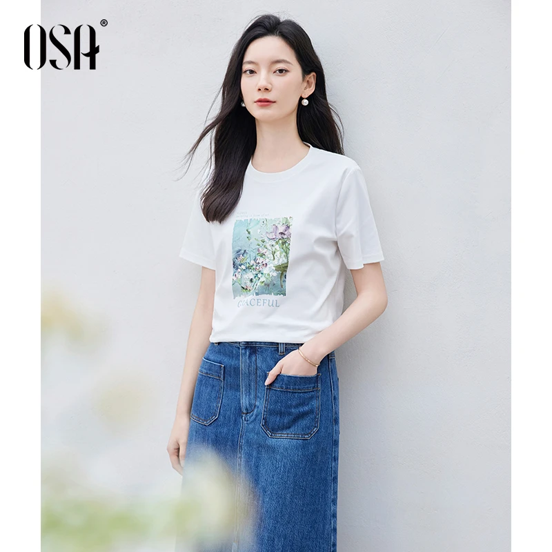 OSA/欧莎 油画印花短袖女t恤夏季休闲百搭通勤上衣S125B11023